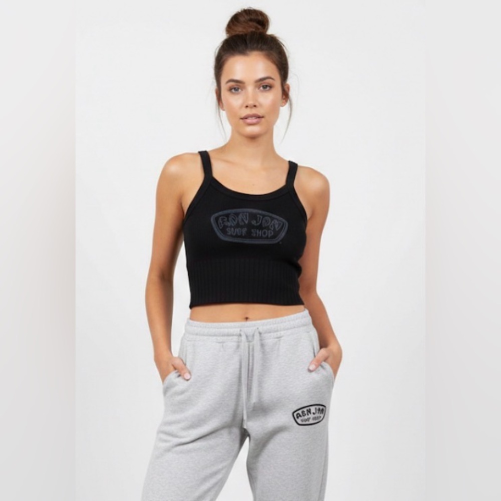 NWOT!! Ron Jon Surf Shop Black & Gray Badge Ribbed Crop Top Size Small